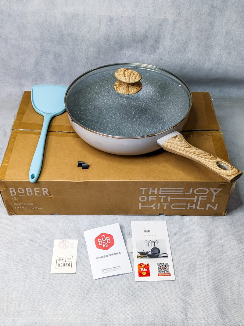 BoBer Marble coated Fry pan with Glass Lid and Spatulla