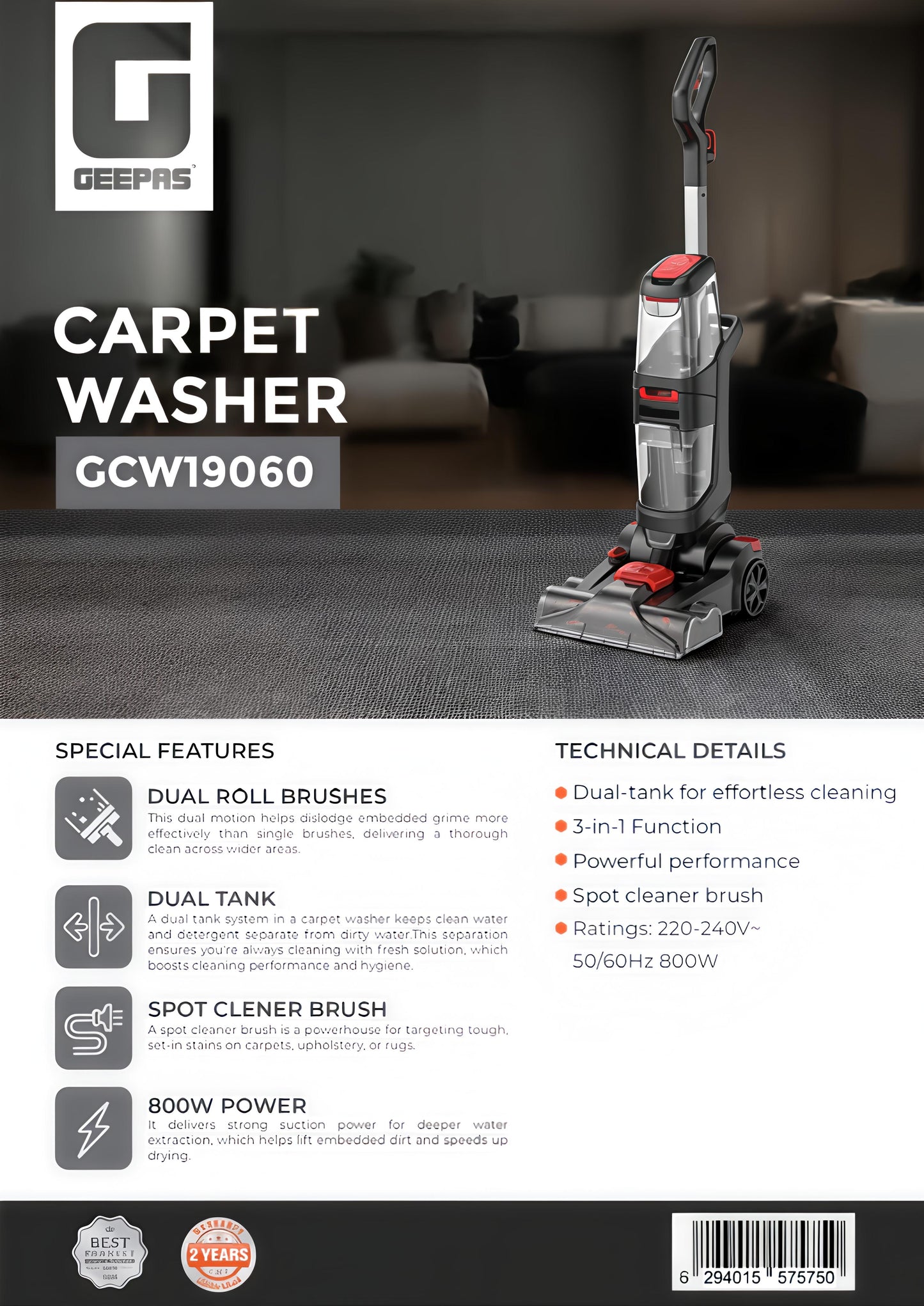 Geepas Carpet Washer & floor cleaner GCW19060